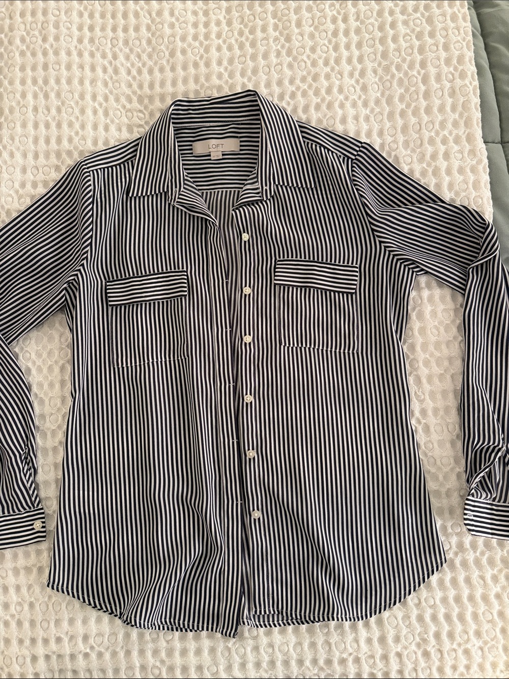 LOFT Womens Black and White Striped Button-Down Shirt